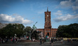 The Neptune Fountain in front of the Rotes Rathaus (Red Town Hall)on July 18, 2019 in Berl...