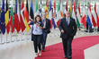 Boyko Borissov Prime Minister of Bulgaria arriving on the red carpet with the EU flags in...