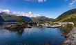 Valldal or Valldalen fishing or Sylte at the Valldal valley with traditional houses, churc...