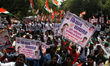 Indian National Congress party Supporters shout slogans against land acquisition Bill in N...