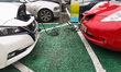 Two Nissan Leaf connected to a e-vehicle charging station are seen in Gdansk, Poland on 18...