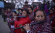 Nepalese devotees playing traditional instruments during Saat Gaule Jatra festival in the...