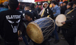 Nepalese devotees playing traditional instruments during Saat Gaule Jatra festival in the...