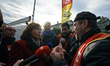 Corinne Vignon, LREM' MP and a CGT trade unionist discuss. Trade unionists from several tr...