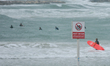 A sign 'Swimming Prohibited' seen in Tel Aviv - Jaffa costline area. Israel's Mediterrane...