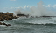 A view of dramatic waves in ancient city of Caesarea harbor area. Israel's Mediterranean...