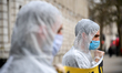 Protesters outside Downing Street after the weekly cabinet meeting on March 17, 2020 in Lo...