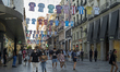 Erseys of football teams of La Liga are hanged at the commercial Preciados street during p...