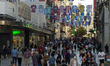 Erseys of football teams of La Liga are hanged at the commercial Preciados street during p...