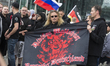 A participant shows at the rally " Storming the Reichstag " on 09.05.2015 before the main...