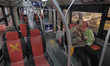 X-Sign for social distancing is seen on a chair of a bus in central Tehran following the n...