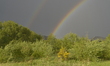 Sunlight refracting in rainwater to create a double rainbow, arching over power lines in S...