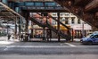 Daily life view of the road and street under the subway railroad air-bridge metal construc...