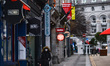 A view of an empty street in Dublin's city center with closed business premises during Lev...