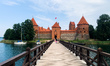 Trakai Island Castle and lake Galve in Trakai near Vilnius, Lithuania on July 27, 2021. 