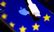 Lightning cable is seen with European Union flag reflected on Apple iPhone in this illustr...