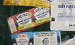 Vintage baby food labels (such as lamb brains with macaroni, creamed tripe, etc.) on displ...