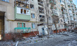 SIEVIERODONETSK, UKRAINE - MARCH 14, 2022 - Debris are seen outside a residential building...