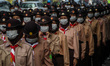 Scout members march during the 67th anniversary of the Asian African Conference on April 1...