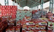 Fruit Traders sit near the fresh packed Apple boxes at Mustafa Memorial Fruit Mandi in Sop...
