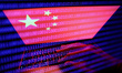 Flag of China displayed on a laptop screen and binary code displayed on a screen are seen...