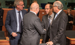 finance Minister greet each other at the start of the Eurogroup meeting, on November 23, 2...