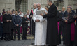 Pope Francis leads a prayer at the statue of Virgin Mary during the annual feast of the Im...
