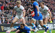 L-R Tommaso Allan of Italy(Harlequins) , England's Ollie Hassell-Collins(London Irish) and...