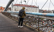 Love padlocks are seen at Father Bernatek Footbridge over Vistula River, which is known as...