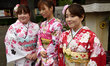 Japanese girls are wearing traditional Japanese Kimono pose for a portrait in Tokyo on Oct...
