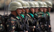 Soldiers march during a parade in celebration of the 80th founding anniversary of the Arme...