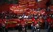 Garment workers & other labor organization in Bangladesh shout slogans during the May day...