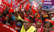Garment workers & other labor organization in Bangladesh shout slogans during the May day...