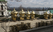 Golden domes and crosses located on pallets on the territory of the monastery complex of t...