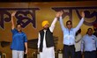 AAP convener and Delhi Chief Minister Arvind Kejriwal and Punjab CM Bhagwant Mann during t...