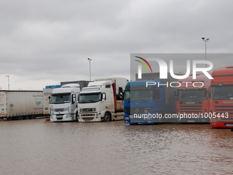 Vehicles are blocked at the Kapitan Andreevo border crossing point by the flood, Kapitan Andreevo, Svilengrad, Bulgaria on January 17, 2016...