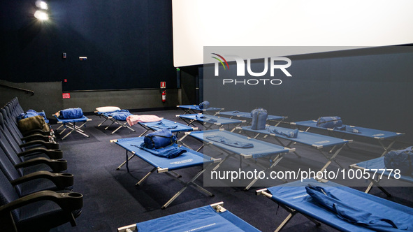 Cots for evacuees placed inside cinemas. Ravenna (Emilia - Romagna) , on May 18, 2023. The Grand Prix event in Imola, northern Italy, origin...