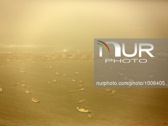 A picture taken on on January 18, 2016 shows a general view of The port of Gaza City during a sandstorm. (