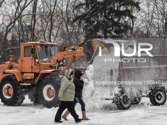  Public utilities removed snow from streets of Kharkiv, Ukraine, on January 18, 2016. (