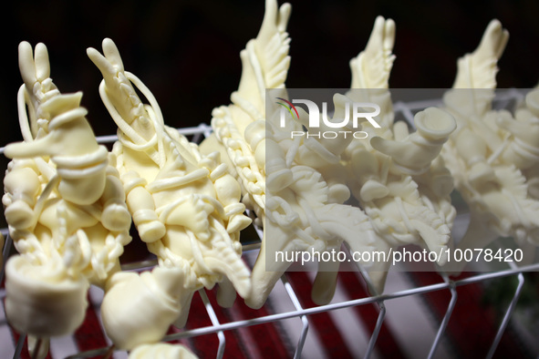 IVANO-FRANKIVSK REGION, UKRAINE - MAY 21, 2023 - Cheese horses made for the Polish delegation as part of the Taste of Kosiv project, Kosiv,...