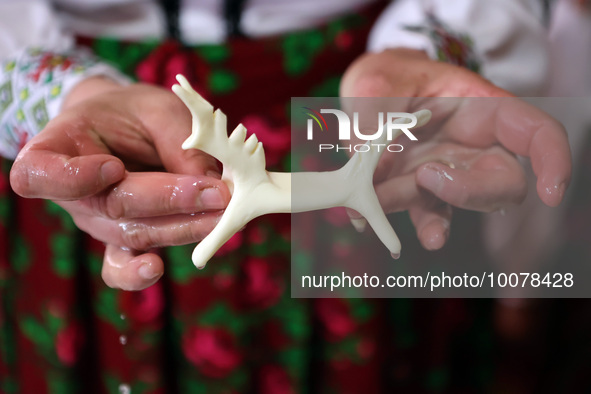 IVANO-FRANKIVSK REGION, UKRAINE - MAY 21, 2023 - A cheese horse is seen in the hands of a participant in a masterclass on making cheese hors...
