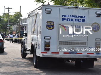 Crime scene unit on the scene. One person shot several times and pronounced dead in Philadelphia, Pennsylvania, United States on May 24, 202...