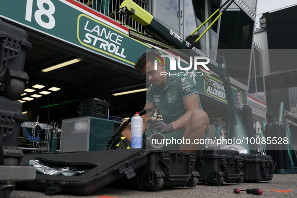 A mechanical work in the paddock during previews ahead of the F1 Grand Prix of Monaco at Circuit de Monaco on May 25, 2023 in Monte-Carlo, M...