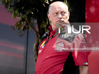 Ferrari Team Principal Frederic Vasseur looks on in the Paddock during previews ahead of the F1 Grand Prix of Monaco at Circuit de Monaco on...