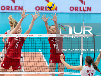 Agnieszka Korneluk (POL), Martyna Czyrnianska (POL), Lucille Gicquel (FRA) during Poland vs France, volleyball friendly match in Radom, Pola...