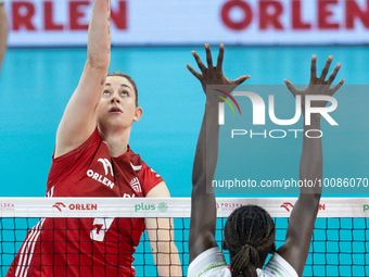 Magdalena Stysiak (POL), Halimatou Bah (FRA) during Poland vs France, volleyball friendly match in Radom, Poland on May 25, 2023. (