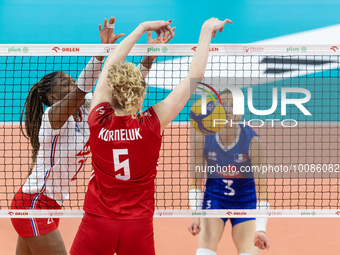 Eva Elouga (FRA), Agnieszka Korneluk (POL) during Poland vs France, volleyball friendly match in Radom, Poland on May 25, 2023. (