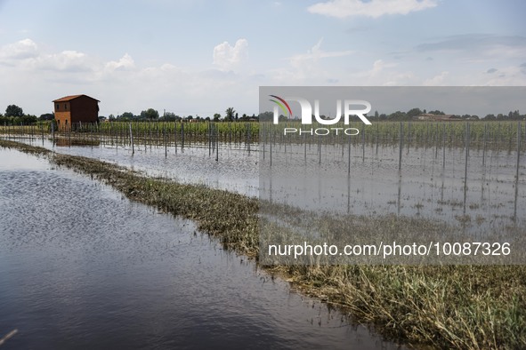 A general view of flooded fields and the flood damage in Emilia Romagna on May 26, 2023 in Conselice, Italy 