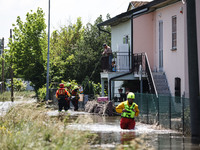A general view of volunteers at work and the flood damage in Emilia Romagna on May 26, 2023 in Conselice, Italy (