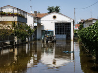 A general view of houses, roads and cars submerged and the flood damage in Emilia Romagna on May 26, 2023 in Conselice, Italy (